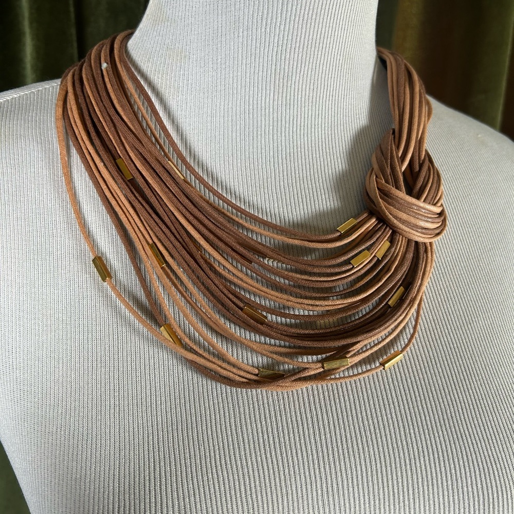 Multi-Strand Tan Knot Statement Necklace with Gold Accents - Picture 3 of 4